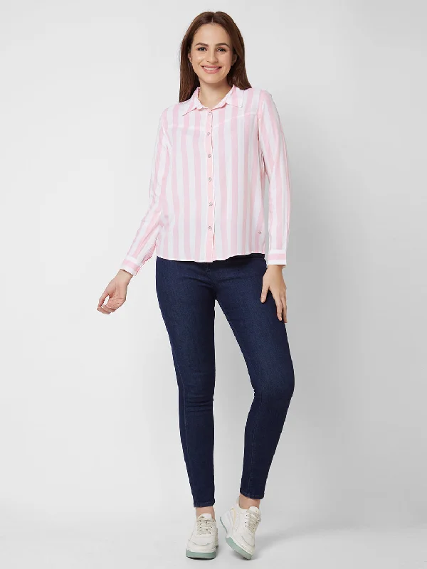 Spykar Full Sleeve Striped Pink Shirt For Women Stylish Striped Short Sleeve