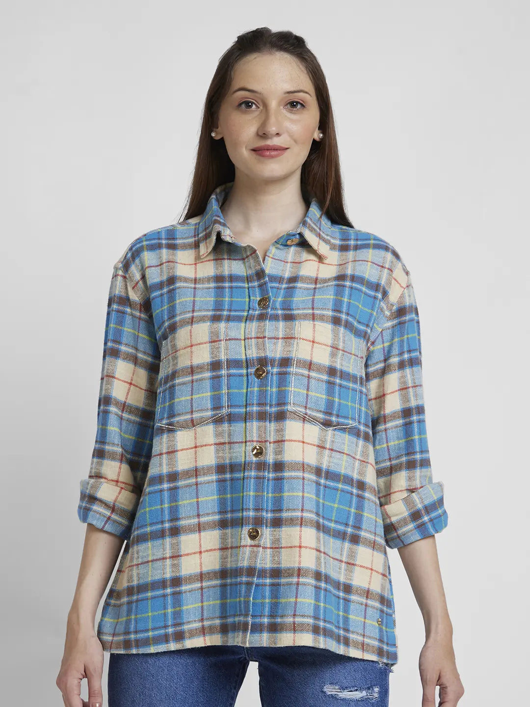 Spykar Women Blue Cotton Oversize Fit Full Sleeve Checkered Shirt Fashionable Draped Short Sleeve