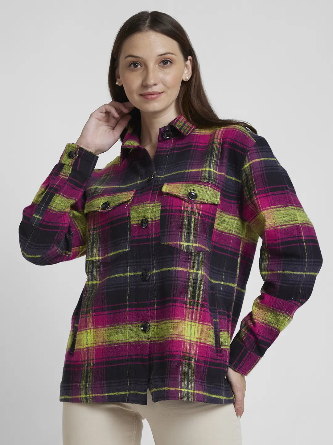 Spykar Women Magenta Cotton Oversize Fit Full Sleeve Checkered Shirt Fashionable Pleated Short Shirt