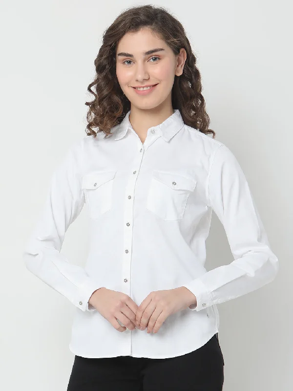 Spykar Full Sleeves Solid White Shirts for Women Fashionable Sheer Short Shirt