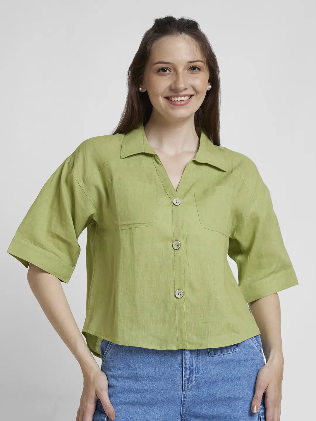 Spykar Women Bay Leaf Viscose Linen Slim Fit Half Sleeve Plain Crop Shirt Soft Cotton Short Tee