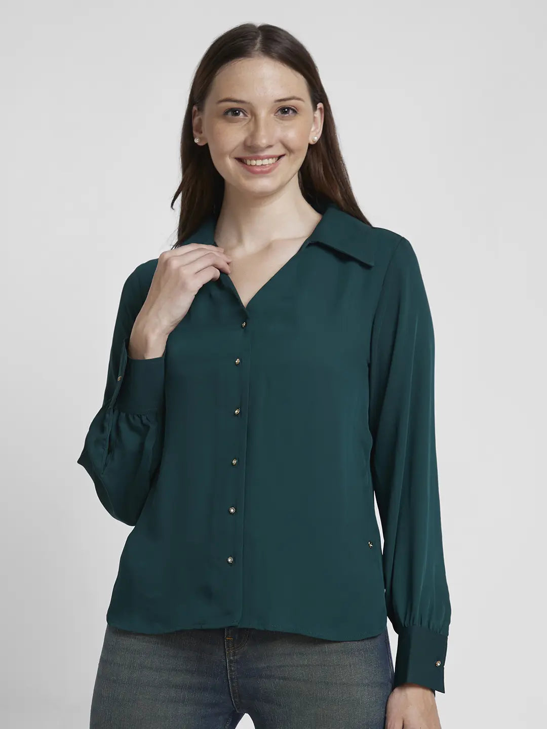 Spykar Women Dark Green Polyester Regular Fit Full Sleeve Plain Shirt Comfortable Short Sleeve Tee