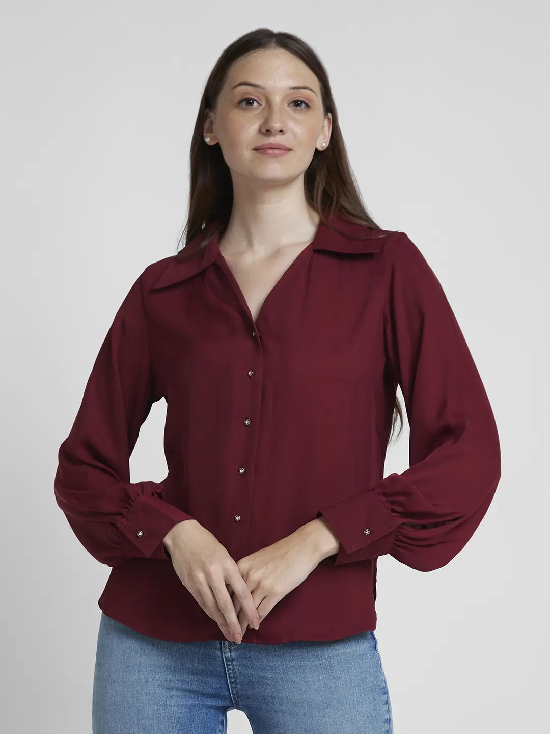 Spykar Women Dark Red Polyester Regular Fit Full Sleeve Plain Shirt Classic Button-Up Short Tee