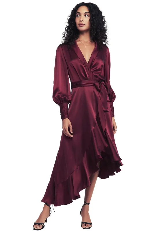 BUY IT ZIMMERMANN Silk Wrap Midi Dress (Burgundy) Elegant Faux Wrap Midi Dress