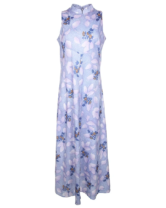 1970's Blue Floral Patterned Sleeveless Maxi Dress - M Elegant Maxi Dress with Slit