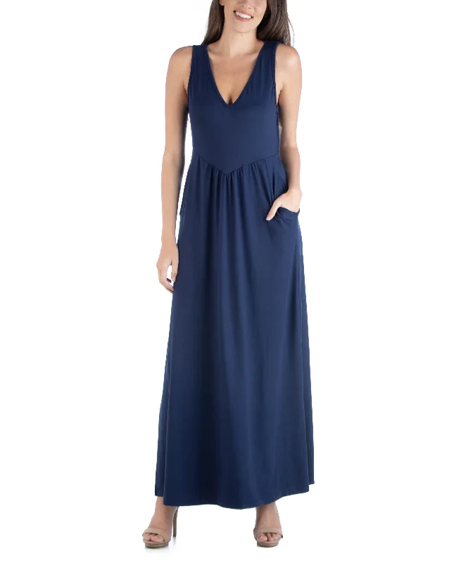 24seven Comfort Apparel Sleeveless V Neck Maxi Dress With Pocket Detail Trendy A-Line Maxi Dress