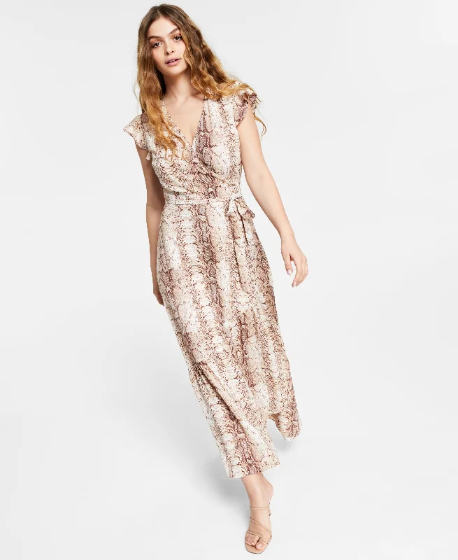 Bar III Snakeskin Print Wrap Style Maxi Dress Stylish Maxi Dress with Frills