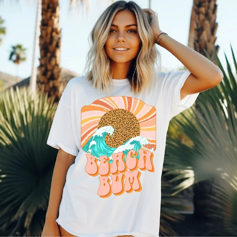 Beach Bum Leopard Sun Beach Tee - Retro Vintage Beach Tee - Trendy Beach Tee - Summer Aesthetic - White Bella Canvas Women's Unisex Tee Terry Blend Velvet Blend Canvas Blend