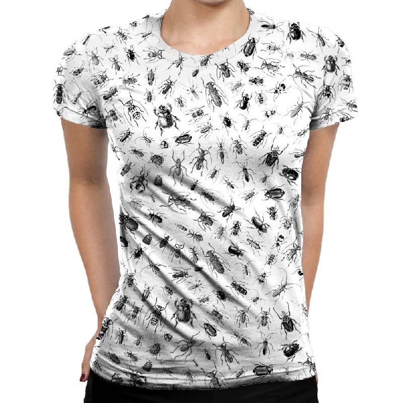 Beetlemania White Womens T-Shirt Asymmetrical Pockets Print