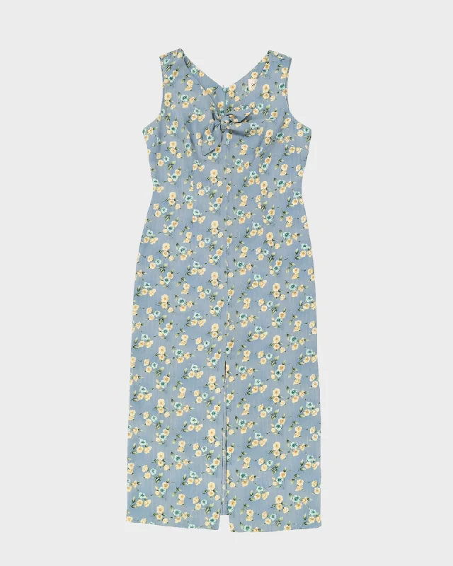 Blue With Yellow Flowers Maxi Dress - L Trendy Maxi Dress with Bow