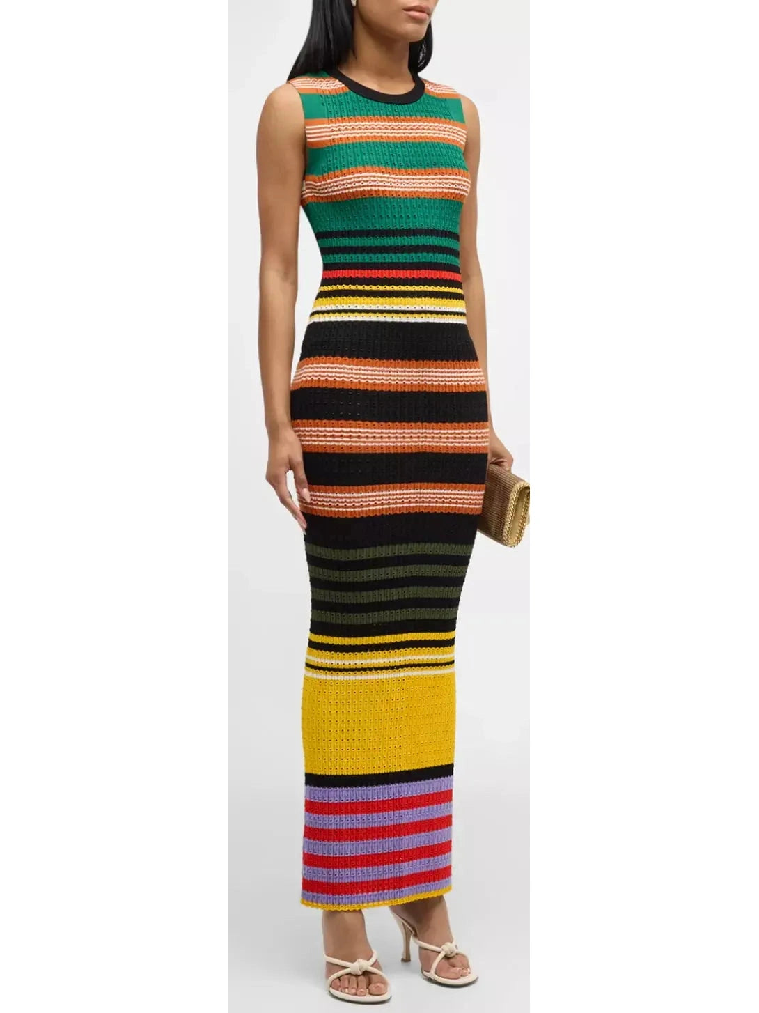 Bright Multicolored Striped Pointelle-Knit Sleeveless Maxi Dress Classic V-Neck Maxi Dress