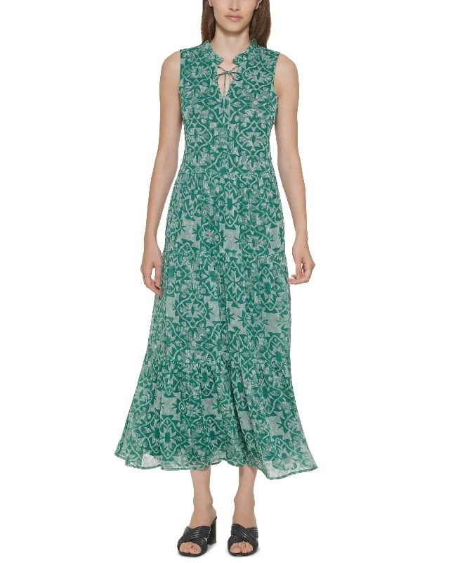 Calvin Klein Tie-Neck Tiered Maxi Dress Elegant Floral Maxi Dress