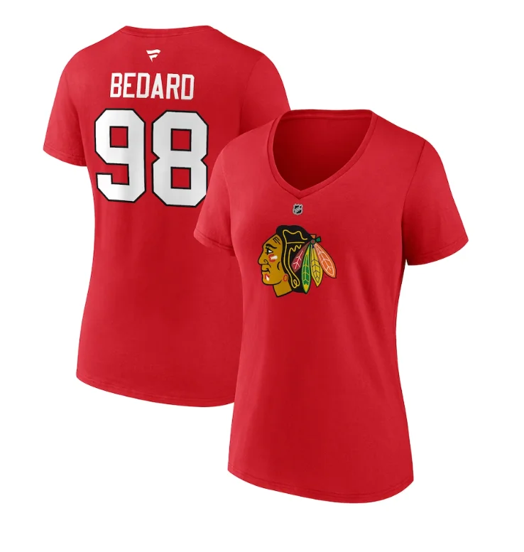 Connor Bedard Chicago Blackhawks Fanatics Women's 2023 NHL Draft Authentic & Number V-Neck T-Shirt - Red Satin Blend Silk Blend Wool Blend