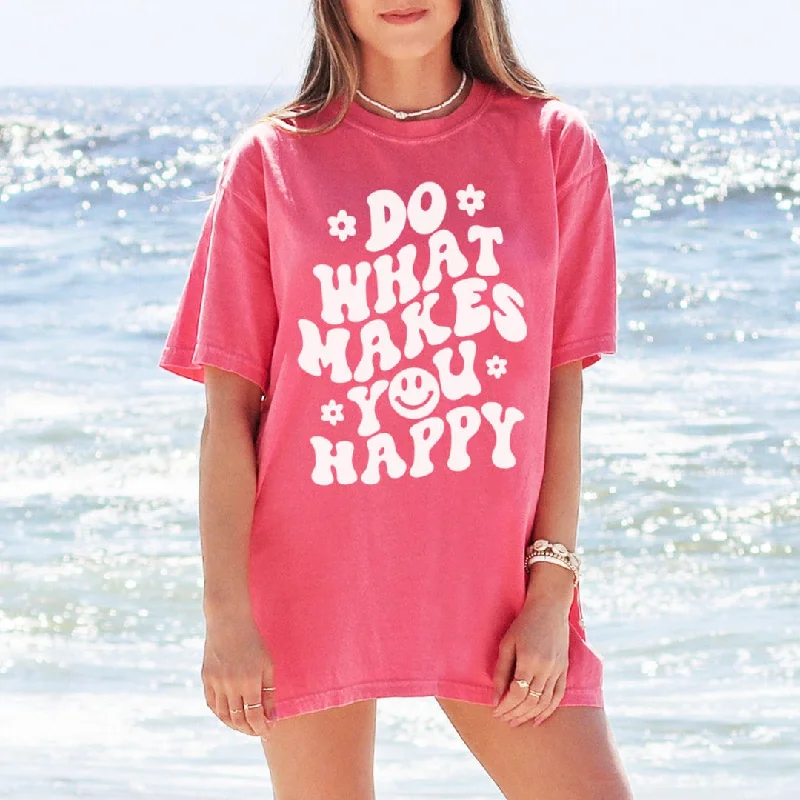 Do What Makes You Happy Tee - Oversized Comfort Colors Tee - Happy Face Tee - Smiley Graphic Tee - Women's Oversized Unisex Tee V-Neck T-Shirt Long Sleeve Cotton