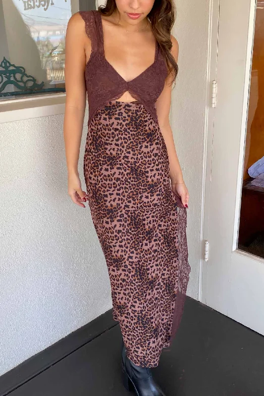 Leopard Print Lace Maxi Dress Trendy Floral Print Maxi Dress