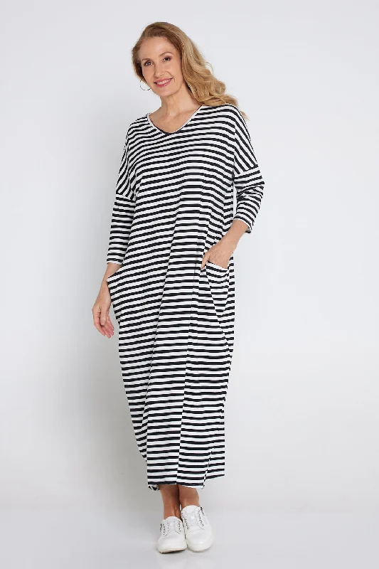 Emmy Maxi Dress - White Black Stripe Stylish Maxi Dress with Frills