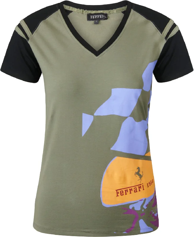 T-SHIRT Formula One 1 Scuderia Ferrari F1 Team Khaki Top NEW! Tee Ladies M Notch Collar Peter Pan Collar Cowl Neck