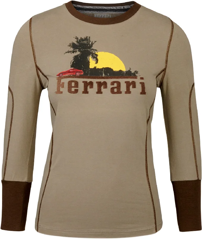 T-SHIRT Ferrari 599 GTB Fiorano Khaki Green Longsleeve NEW! Ladies Womens' L Graphic T-Shirt Round Neck Polyester