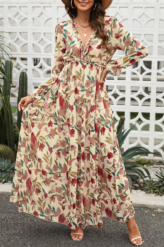 Floral Frill Trim Flounce Sleeve Plunge Maxi Dress Comfortable Long-Sleeve Maxi Dress