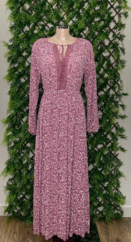 Floral Print Long Sleeve Crochet Neck Maxi Dress Elegant Maxi Dress with Drapes