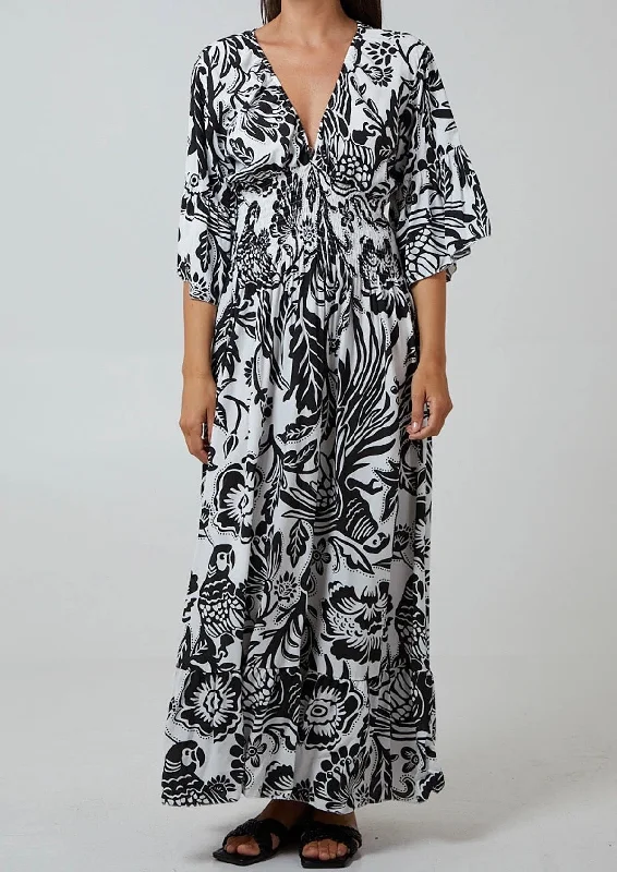 Black Floral Shirred Waist V-Neck Maxi Dress Fashionable Asymmetrical Maxi Dress