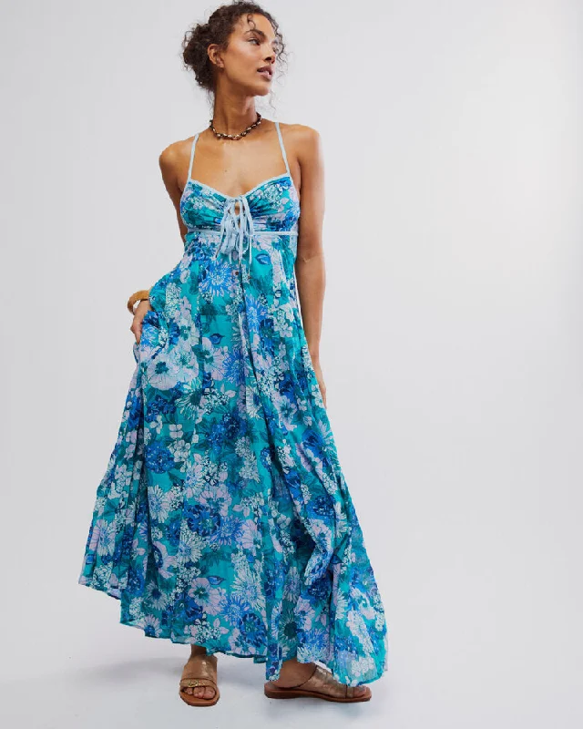 Free People Dream Weaver Maxi Dress - TEAL COMBO Stylish V-Neck Maxi Dress