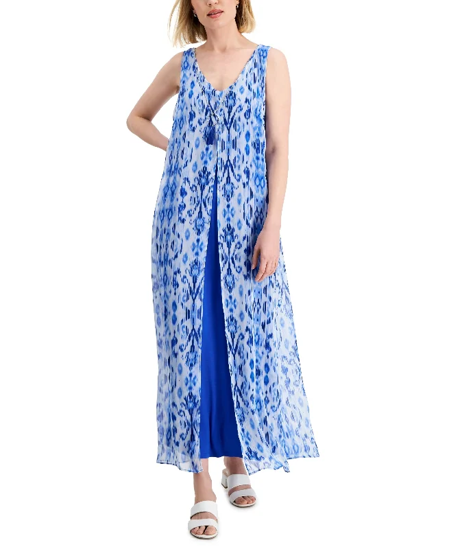 JM Collection Womens Printed Chiffon Overlay Maxi Dress Comfortable Casual Maxi Dress