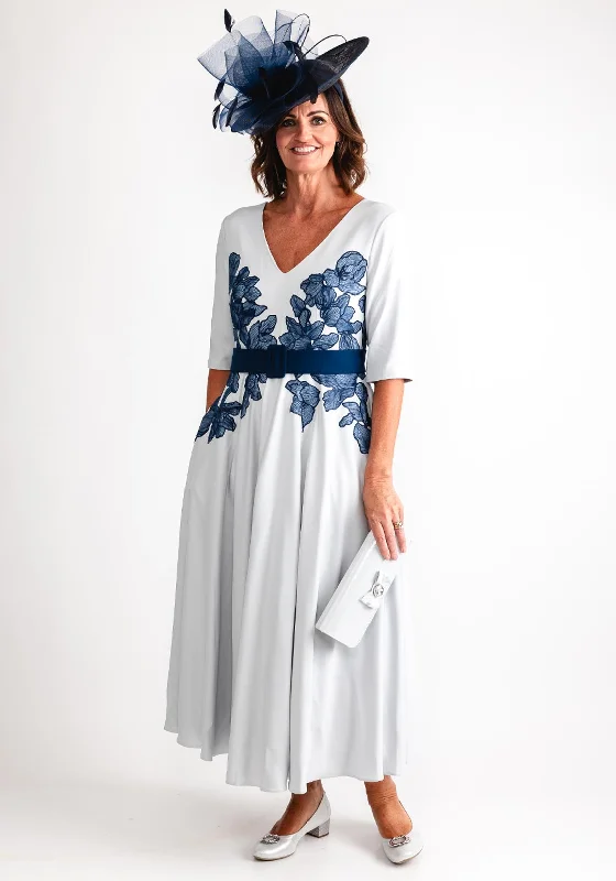 John Charles Floral Waist A-Line Maxi Dress, Silver & Navy Comfortable Long-Sleeve Maxi Dress