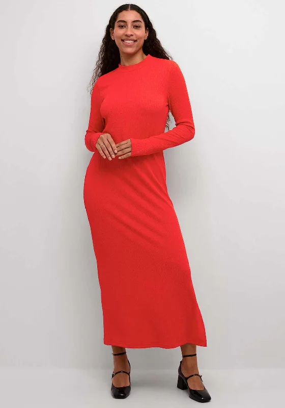 Kaffe Robin Textured Maxi Dress, Red Trendy Off-Shoulder Ruffle Maxi Dress