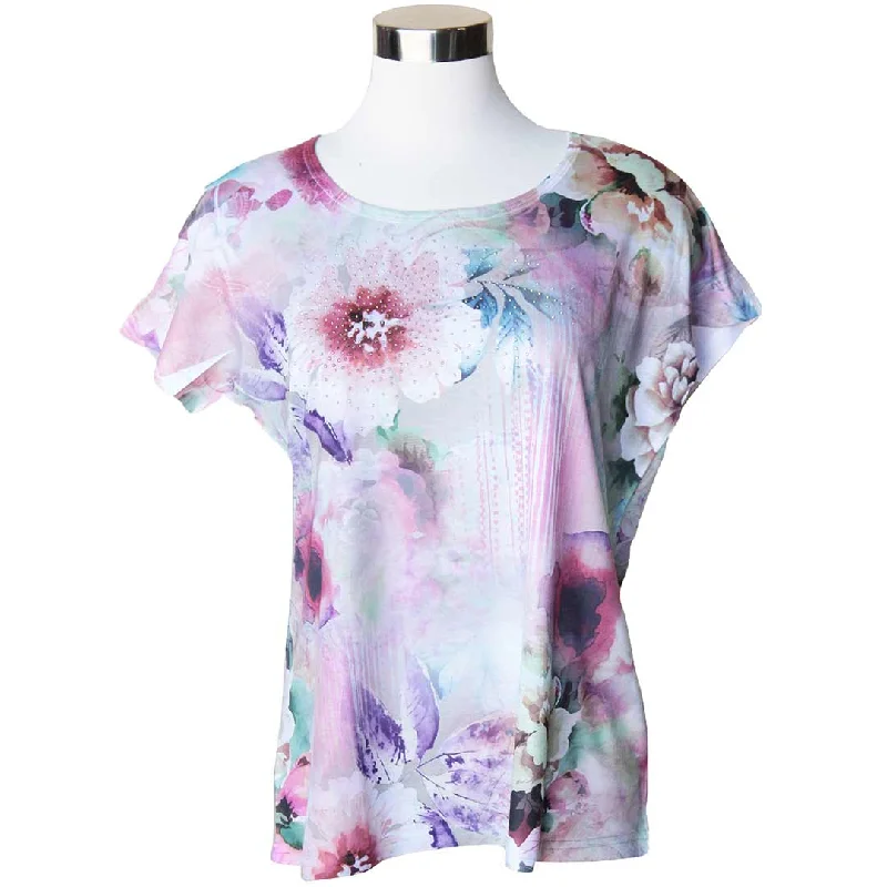 Keren Hart Women's Floral T-shirt with Rhinestones Mesh Fabric Canvas Fabric Denim Fabric
