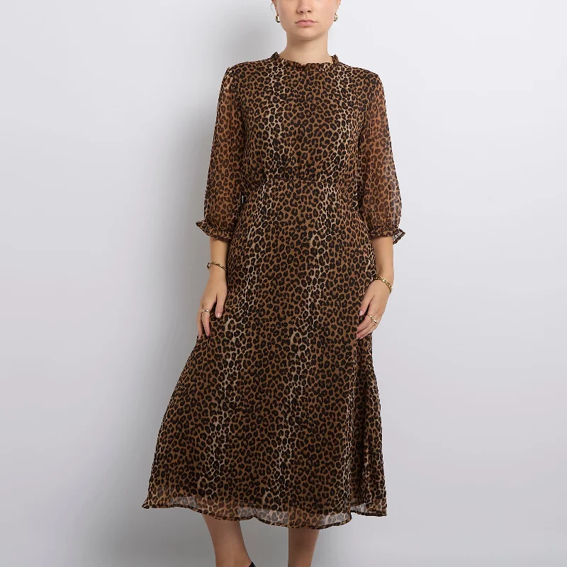 Leopard Print High Ruffle Neck Maxi Dress- UK 12 Trendy Short Sleeve Maxi Dress