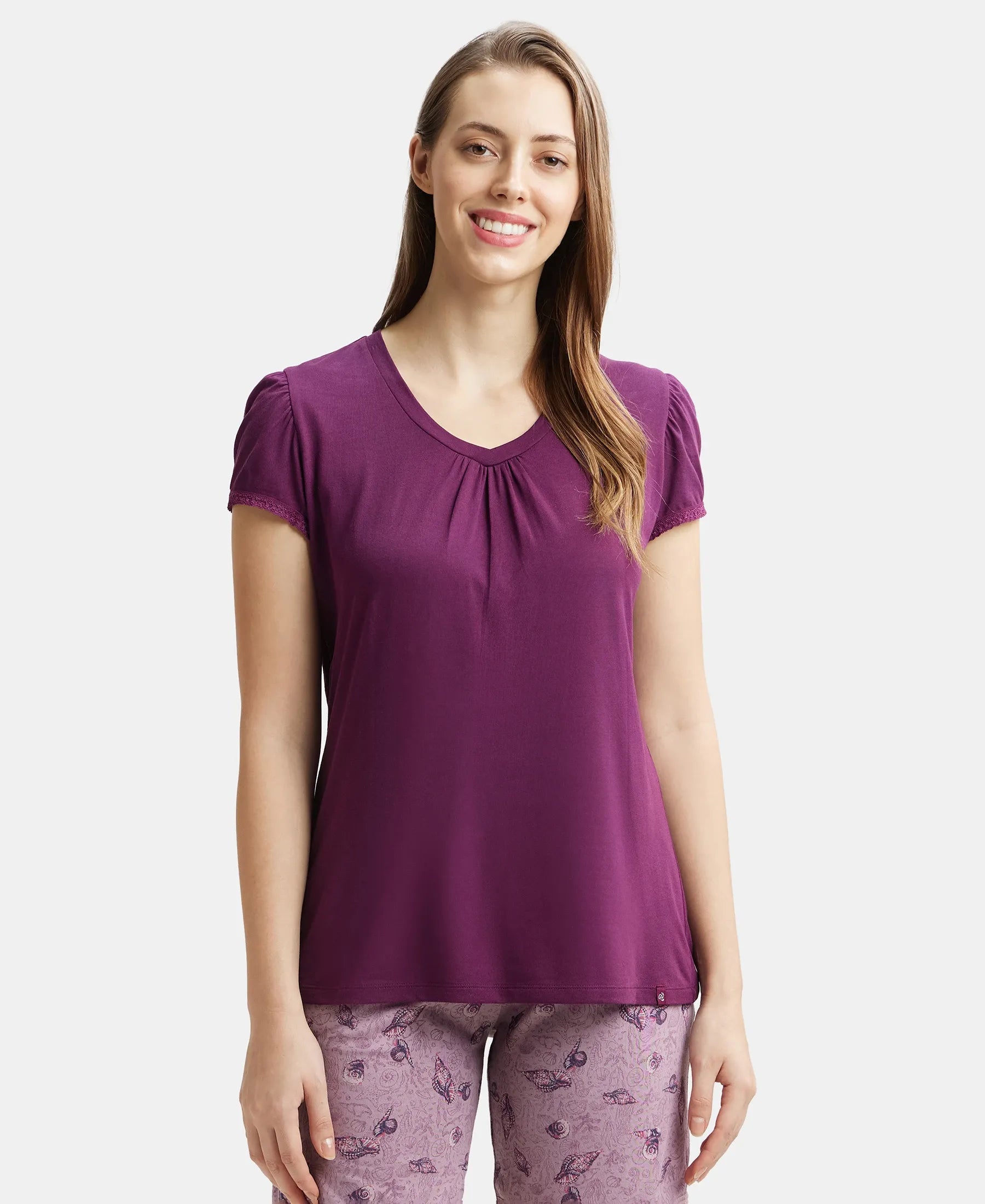 Micro Modal Cotton Relaxed Fit Solid V Neck Half Sleeve T-Shirt - Purple Wine Chenille Blend Fleece Blend Nylon Blend