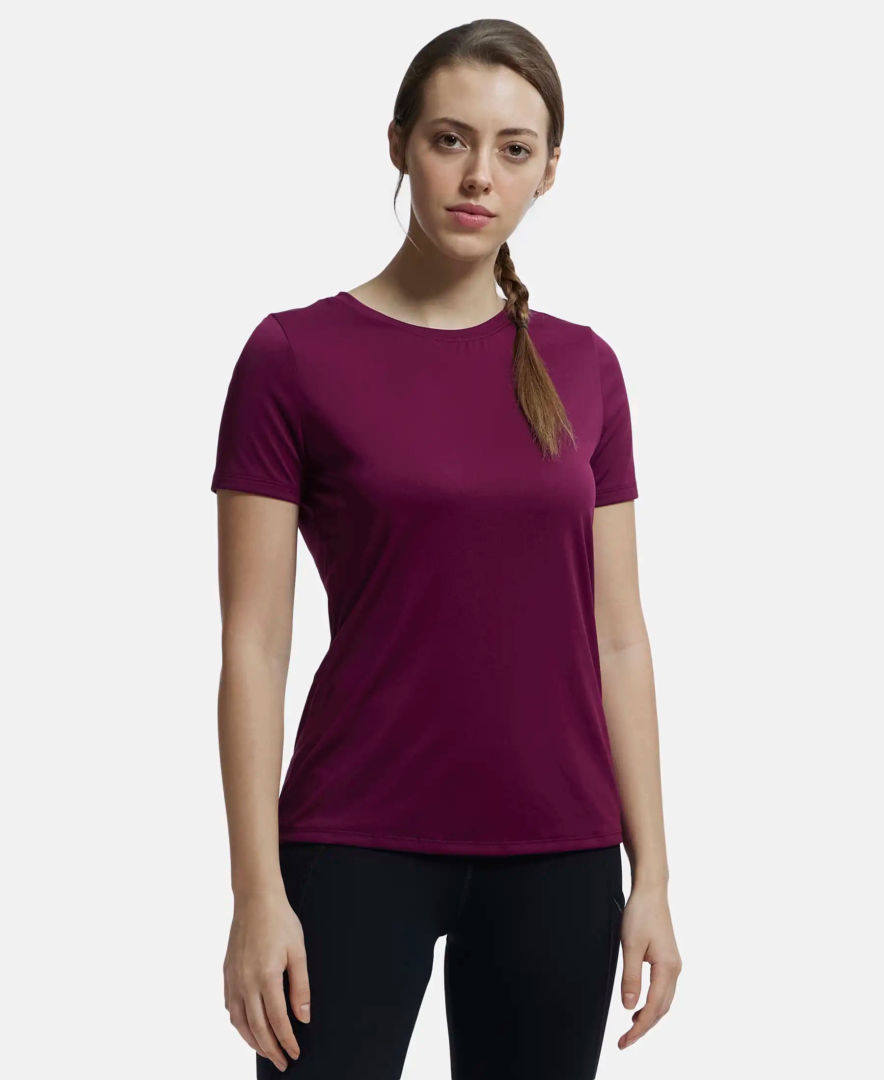 Microfiber Polyester Fabric Relaxed Fit Solid Round Neck Half Sleeve T-Shirt - Grape Wine Basic T-Shirt Crew Neck Short Sleeve