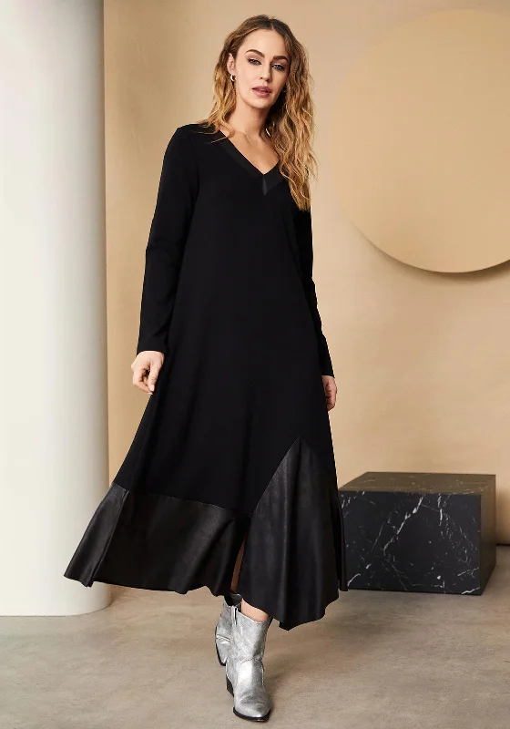 Naya Faux Leather Panel Maxi Dress, Black Stylish Longline Maxi Dress