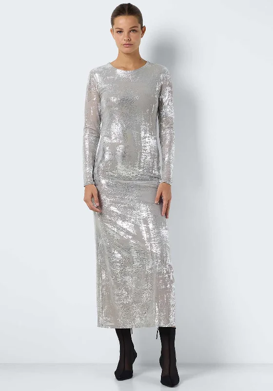 Noisy May Lucia Metallic Maxi Dress, Silver Fashionable Off-Shoulder Maxi Dress