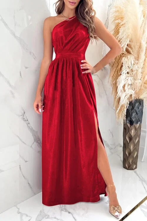 One Shoulder Slit Ruched Maxi Dress Comfortable Bohemian Maxi Dress