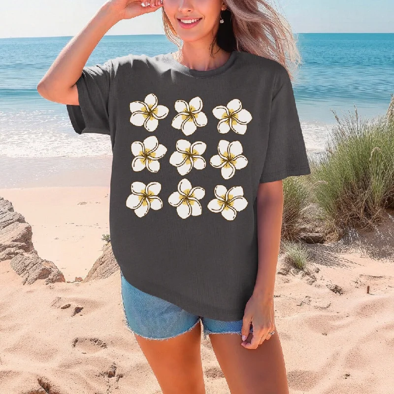 Plumeria Fields Hawaiian Beach Tee - Hawaiian Floral Tee - Trendy Oversized Beach Tee - Comfort Colors Oversized Unisex Tee Cashmere Blend Cotton Blend Poly Blend