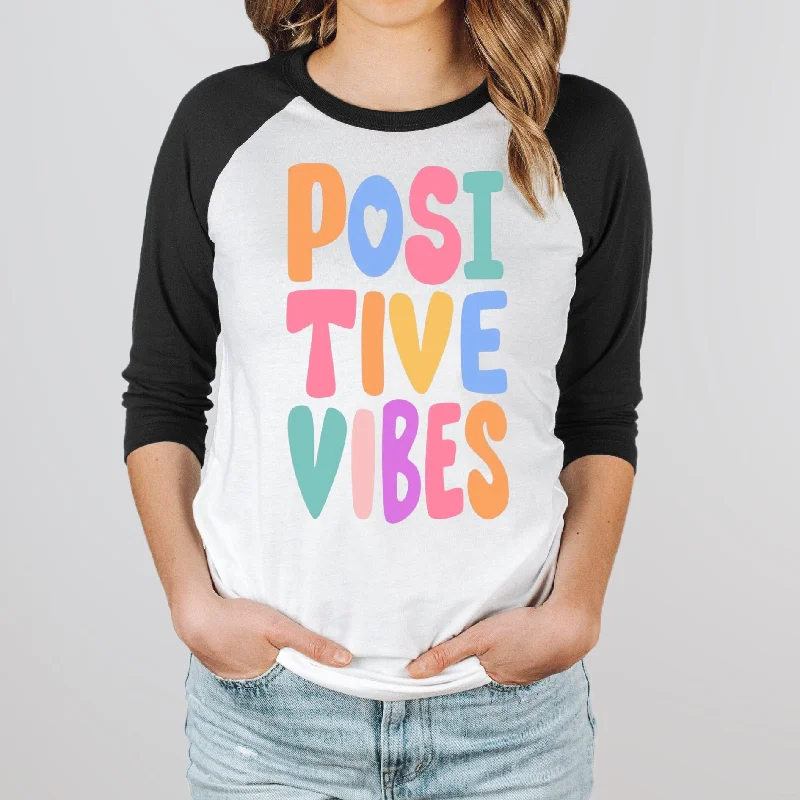 Positive Vibes Baseball Tee - Trendy Motivational Tee - Happy T-shirt - Good Vibes Aesthetic Tee - Bella Canvas Women's Unisex Raglan Tee Collared Crew Neck Turtle Neck