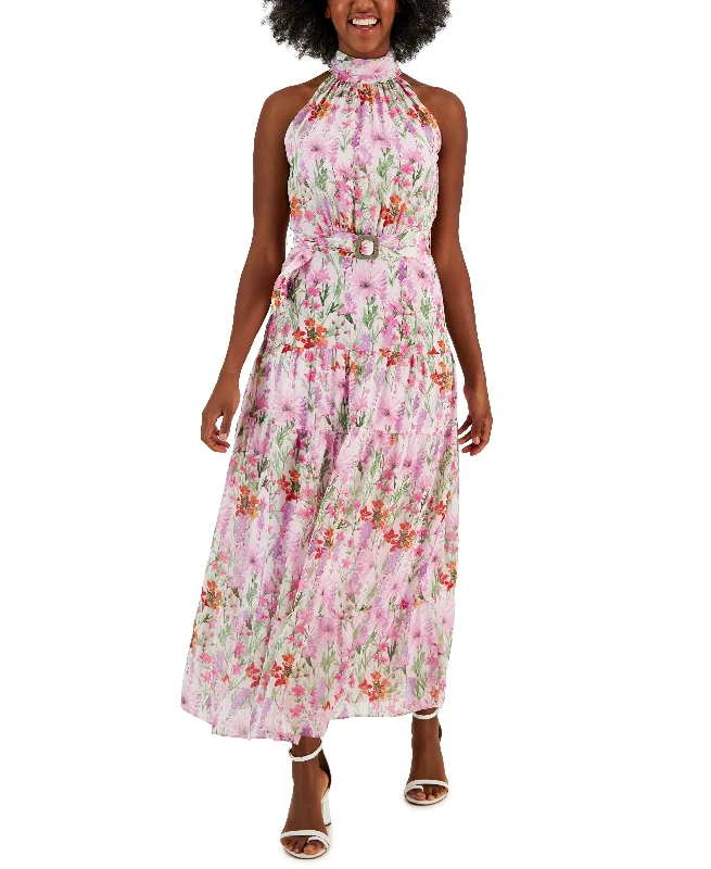 Printed Chiffon Sleeveless Buckle-Waist Maxi Dress Chic Sleeveless Maxi Dress