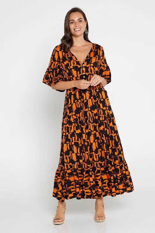 Quinn Maxi Dress - Orange/Black Midcentury Fashionable Open-Back Maxi Dress