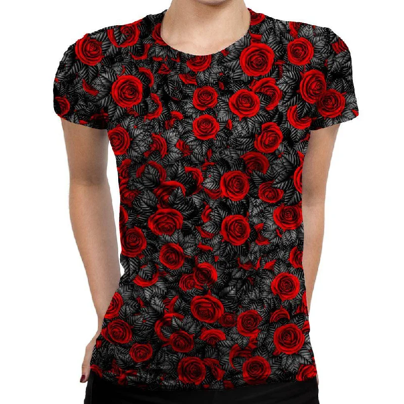 Red Rose Womens T-Shirt Collared Crew Neck Turtle Neck