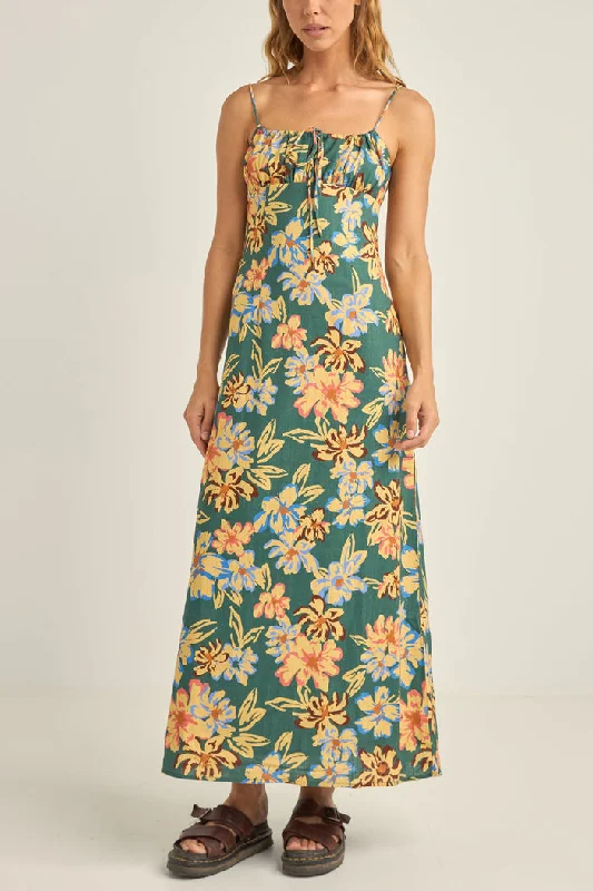 Rhythm Hawaiian Floral Gathered Maxi Dress - JUNGLE Elegant Maxi Dress with Slit