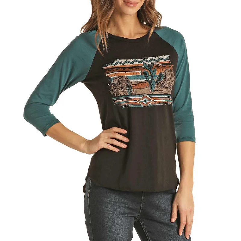 Rock & Roll Cowgirl Women's Graphic Baseball Tee Striped Floral Plaid