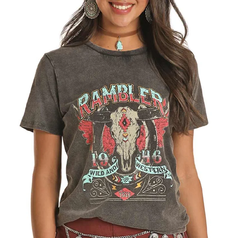 Rock & Roll Cowgirl Women's Rambler Graphic T-Shirt Mesh Fabric Canvas Fabric Denim Fabric