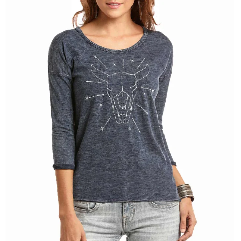 Rock & Roll Cowgirl Women's Steer Skull T-shirt Houndstooth Herringbone Solid