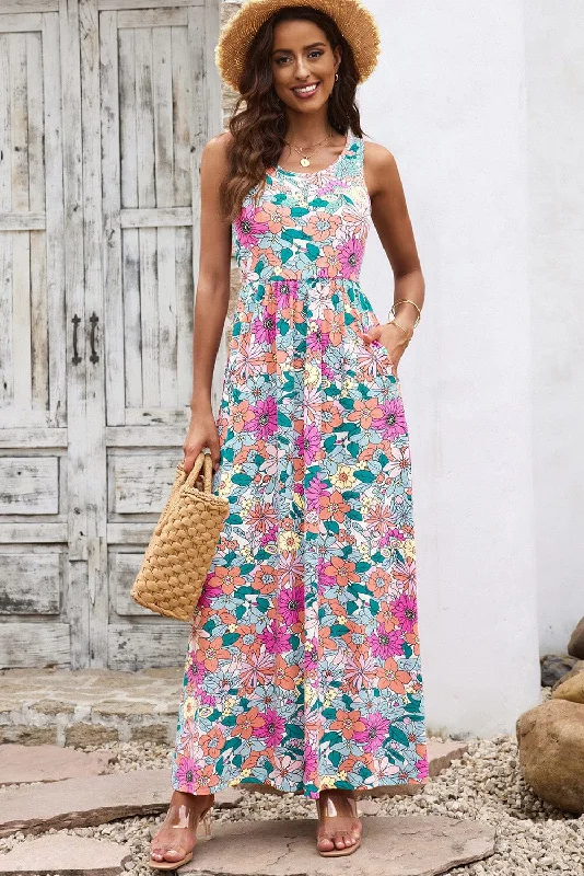 Round Neck Sleeveless Maxi Dress with Pockets Stylish Empire Waist Maxi Dress