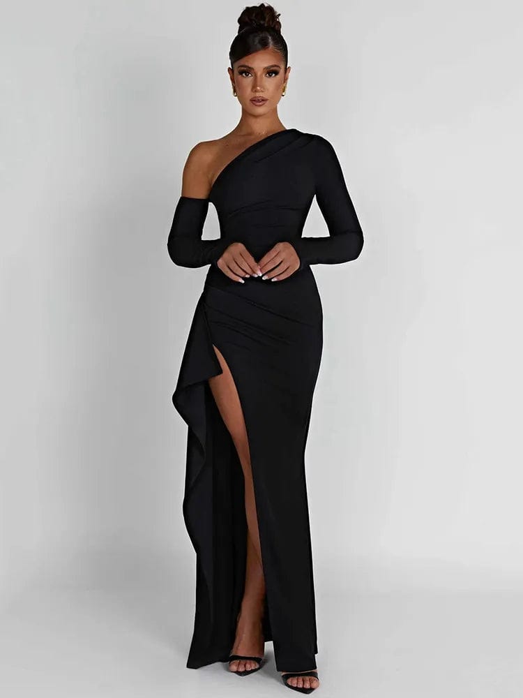 Seductive Elegance: Thigh-High Split Maxi Dress with Oblique Shoulder, Long Sleeves, and Backless Design for Sexy Club Party Looks Comfortable Cotton Maxi Dress