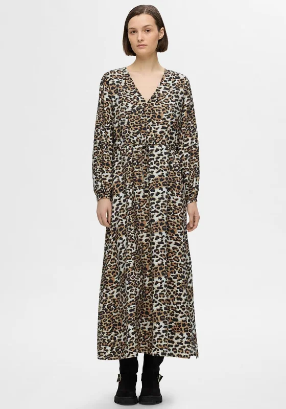 Selected Femme Leopard Print Maxi Dress, Neutral Stylish Button-Up Maxi Dress