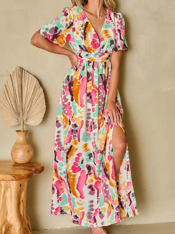 Slit Printed Surplice Short Sleeve Maxi Dress Trendy Fit-and-Flare Maxi Dress