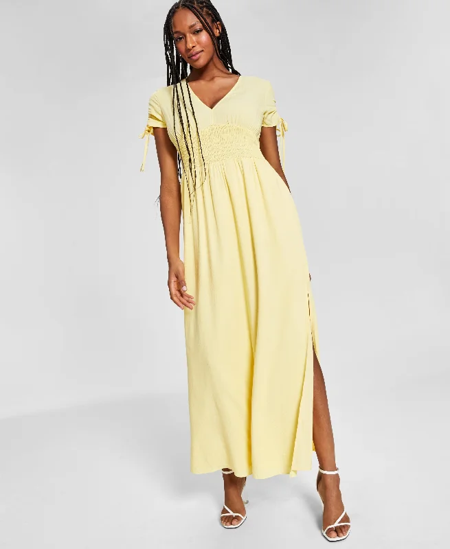 Smocked-Waist Maxi Dress Cozy Maxi Dress with Slit